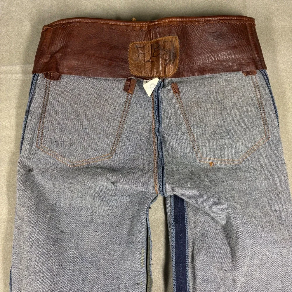 Vintage Royal Flesh Custom Leather Denim Lace Up Flare Jeans 80s 90s Western M